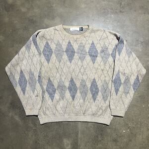 Vintage 90s Bill Blass Brown Argyle Cotton Boxy Sweater